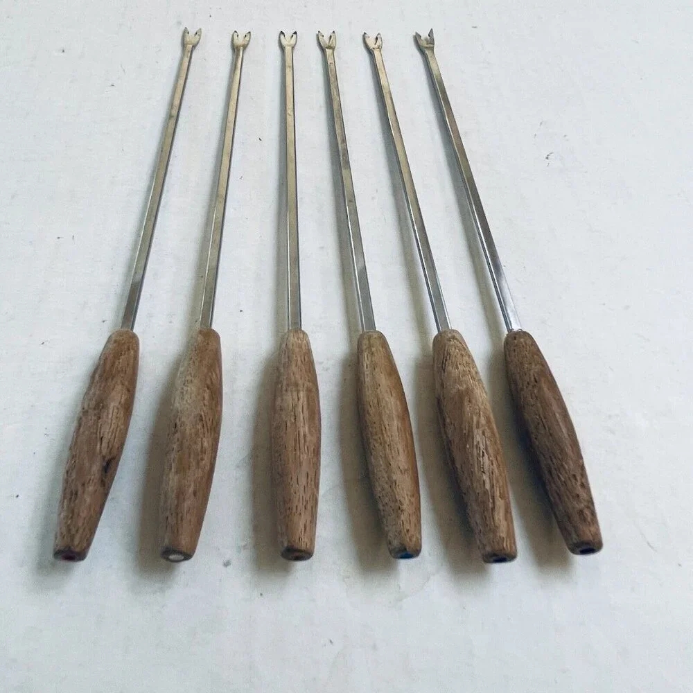 Rostfrei Fondue Forks Germany Stainless Steel 2 Prong Wood Handles Mid Century